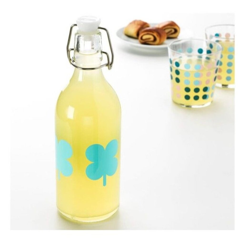 IKEA SOMMAR Glass Bottle with Clamp Lid Vintage Blue Clover Design Water 2 Set